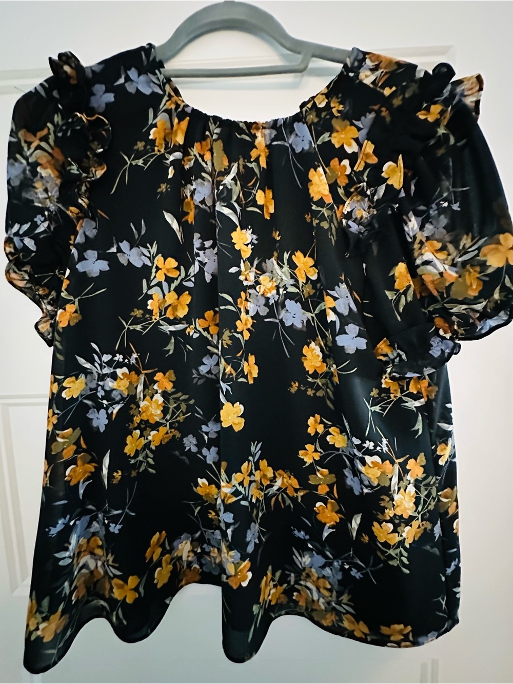 CeCe Black Floral Ruffle Sleeve Blouse with Yellow & Light Blue Flowers